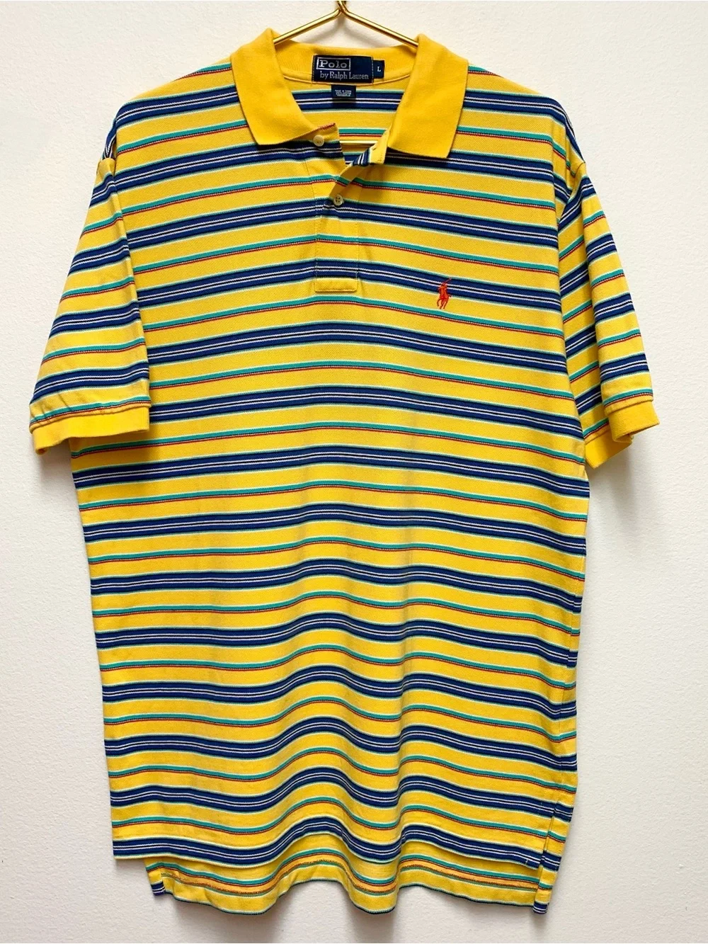 Vintage Polo Ralph Lauren Short Sleeve Polo Size L Yellow Stripe Pique Cotton